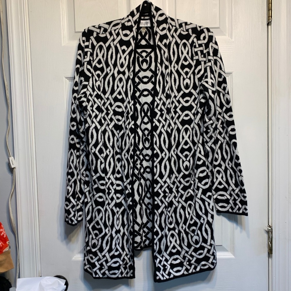 Jones Studio Cardigan M Black White Geometric Open Front Sweater Mob Wife Office